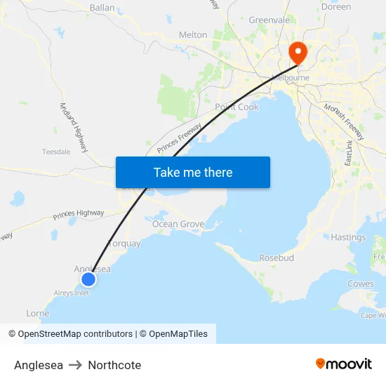 Anglesea to Northcote map