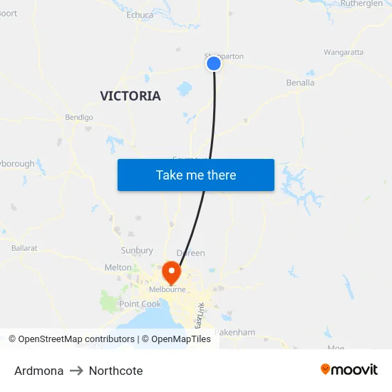 Ardmona to Northcote map