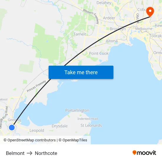 Belmont to Northcote map
