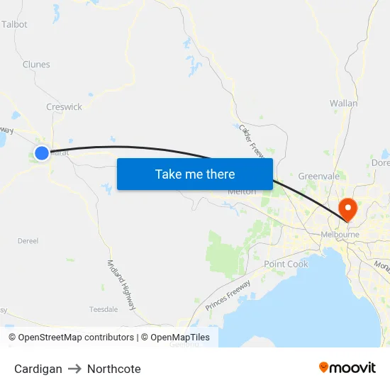 Cardigan to Northcote map