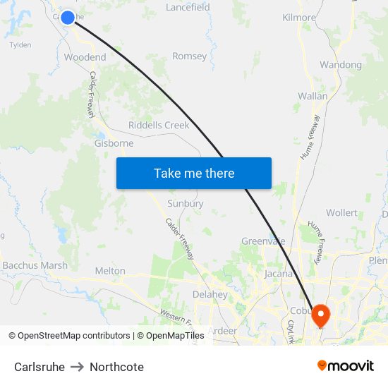 Carlsruhe to Northcote map