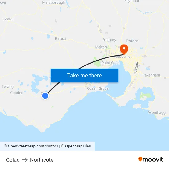 Colac to Northcote map