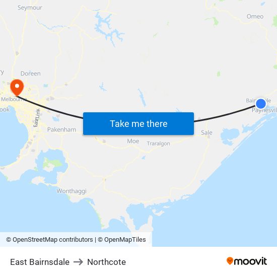 East Bairnsdale to Northcote map