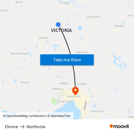 Elmore to Northcote map