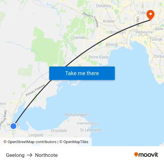 Geelong to Northcote map
