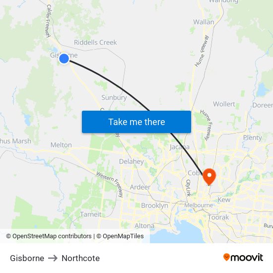 Gisborne to Northcote map