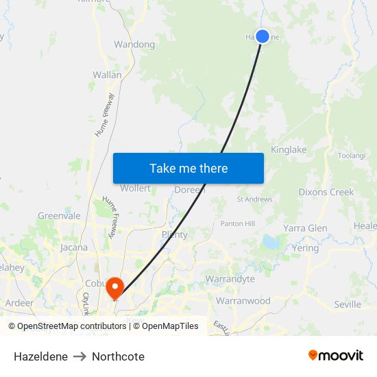 Hazeldene to Northcote map