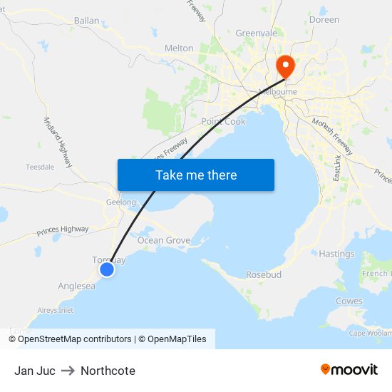 Jan Juc to Northcote map