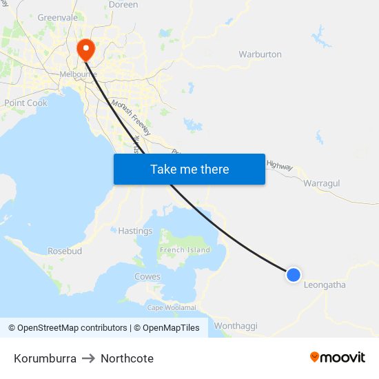 Korumburra to Northcote map