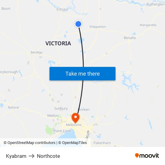 Kyabram to Northcote map