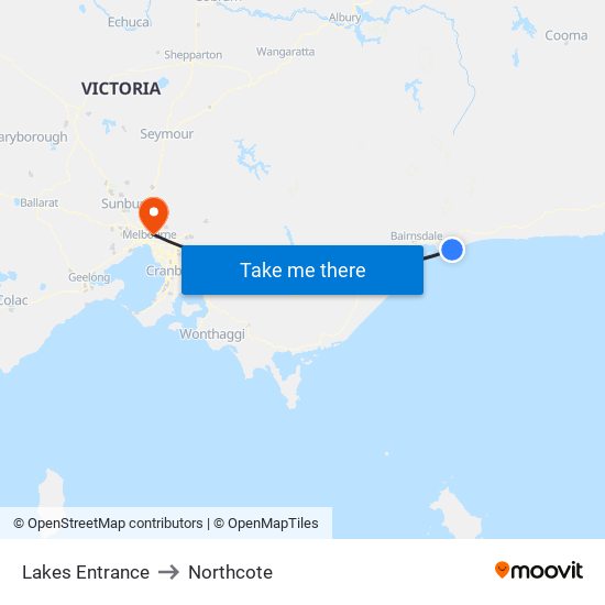 Lakes Entrance to Northcote map