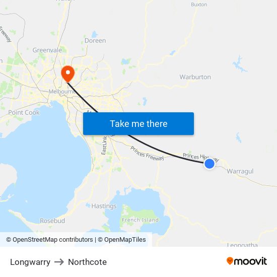Longwarry to Northcote map
