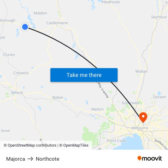 Majorca to Northcote map