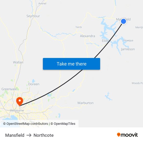 Mansfield to Northcote map