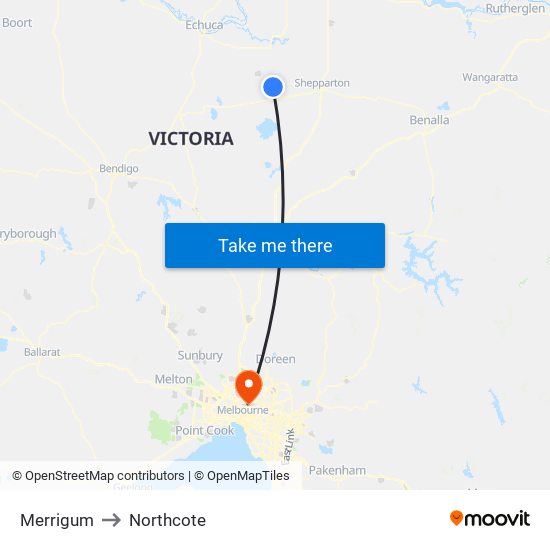 Merrigum to Northcote map