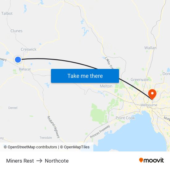 Miners Rest to Northcote map