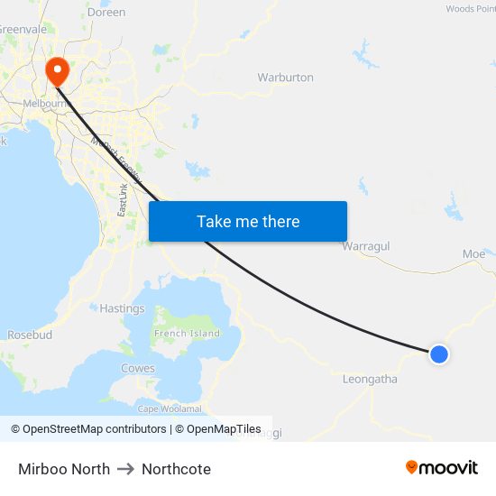 Mirboo North to Northcote map