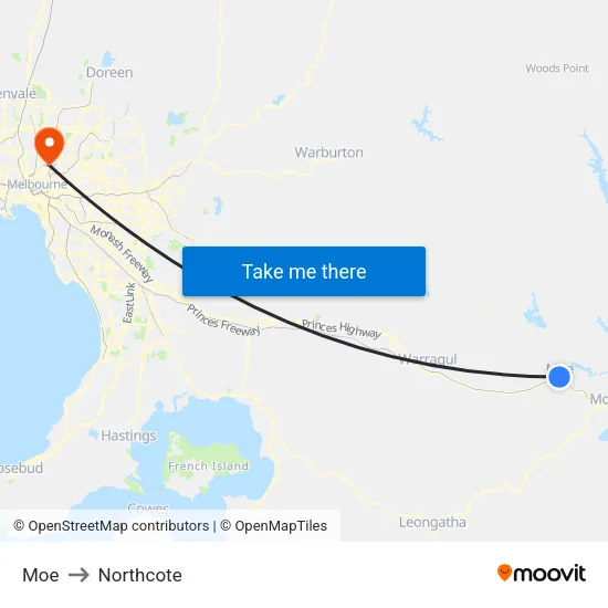 Moe to Northcote map
