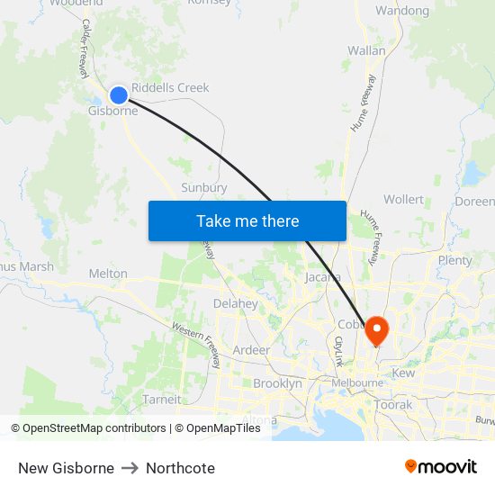 New Gisborne to Northcote map