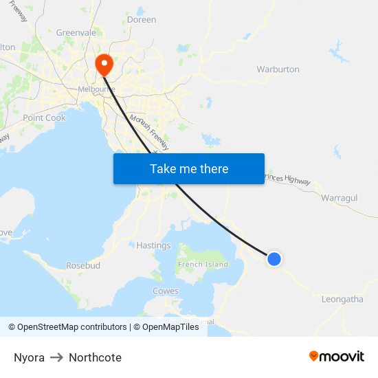 Nyora to Northcote map