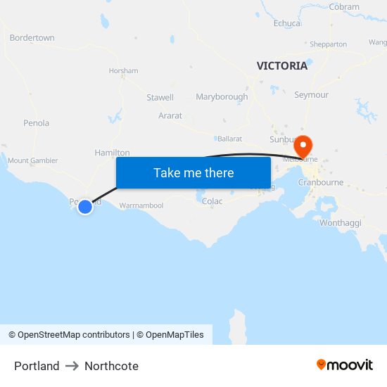 Portland to Northcote map