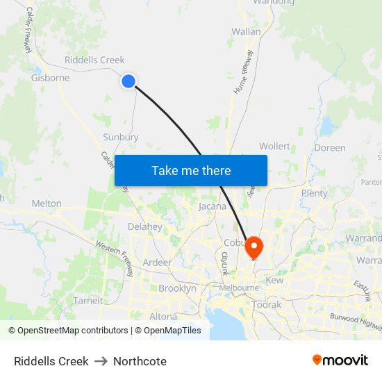 Riddells Creek to Northcote map