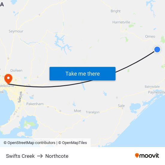 Swifts Creek to Northcote map