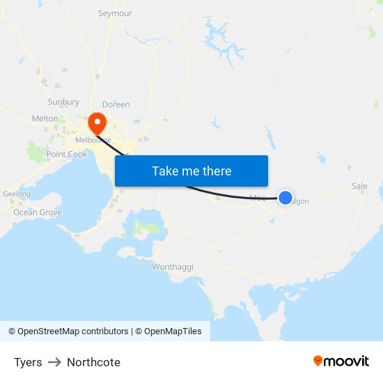 Tyers to Northcote map