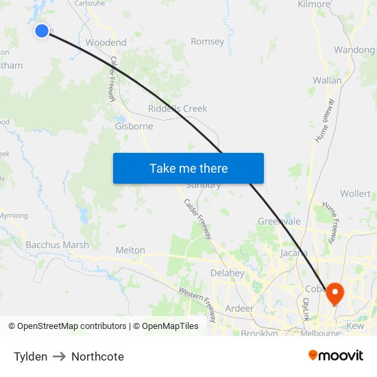 Tylden to Northcote map