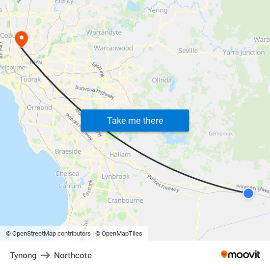 Tynong to Northcote map