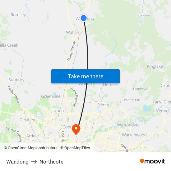 Wandong to Northcote map