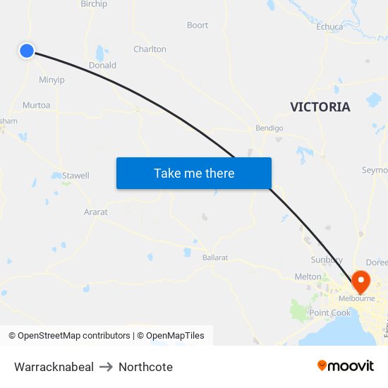 Warracknabeal to Northcote map