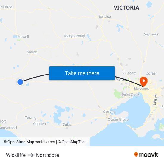 Wickliffe to Northcote map