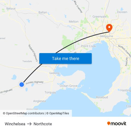 Winchelsea to Northcote map