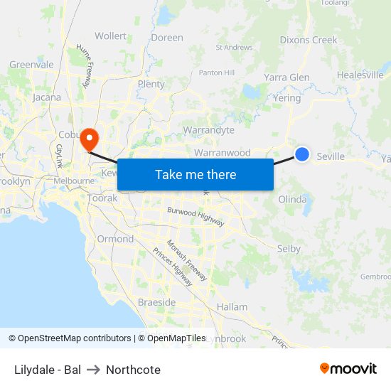 Lilydale - Bal to Northcote map