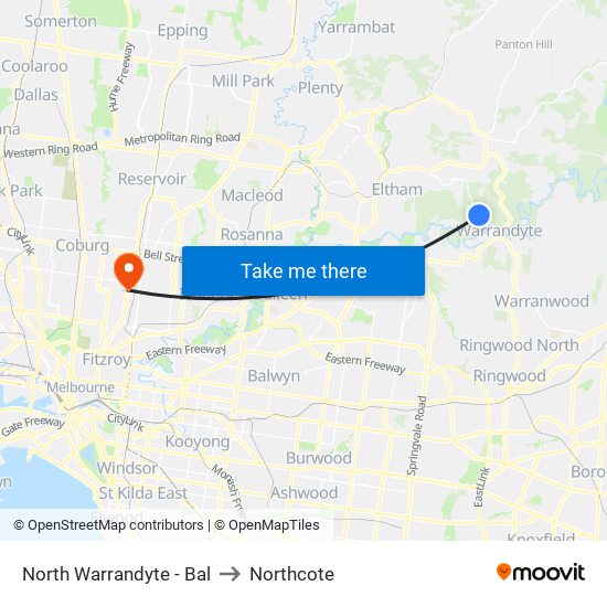 North Warrandyte - Bal to Northcote map