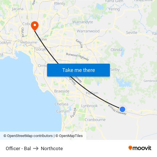 Officer - Bal to Northcote map