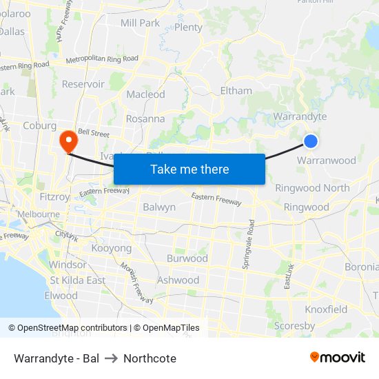 Warrandyte - Bal to Northcote map