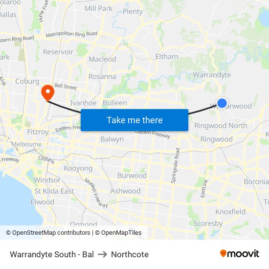 Warrandyte South - Bal to Northcote map