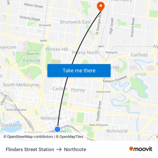 Flinders Street Station to Northcote map