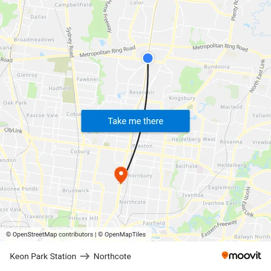 Keon Park Station to Northcote map