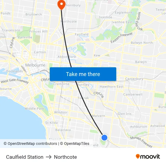 Caulfield Station to Northcote map