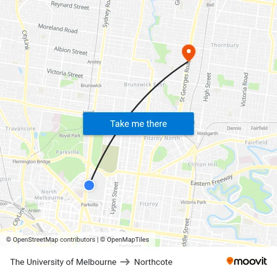 The University of Melbourne to Northcote map