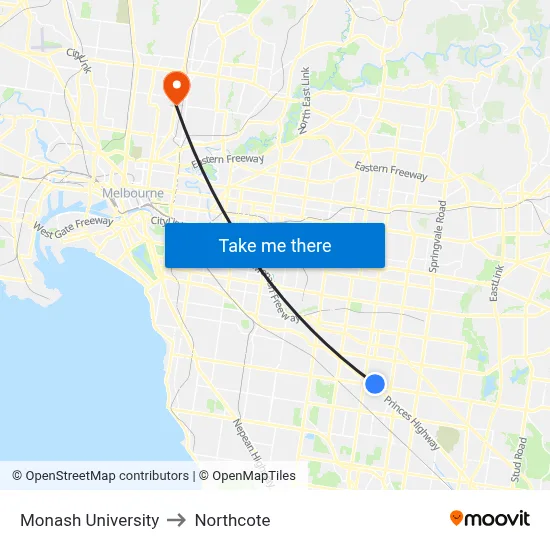 Monash University to Northcote map
