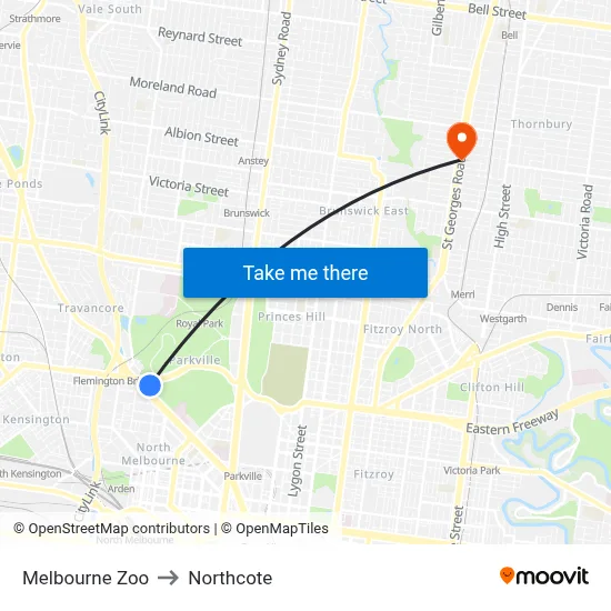 Melbourne Zoo to Northcote map