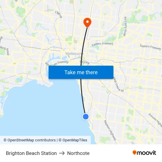 Brighton Beach Station to Northcote map