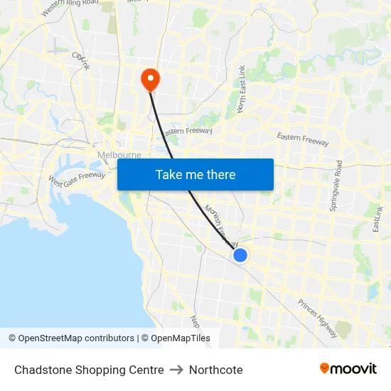 Chadstone Shopping Centre to Northcote map