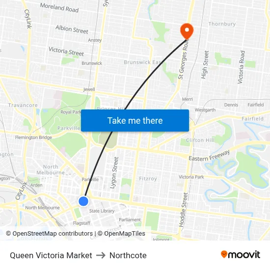 Queen Victoria Market to Northcote map