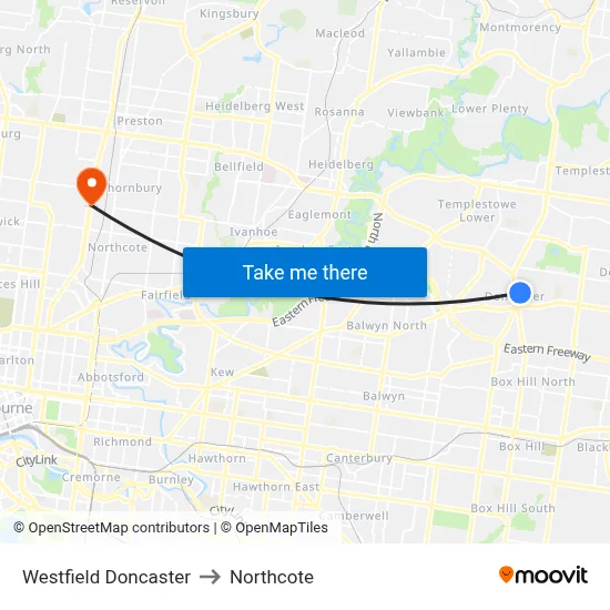 Westfield Doncaster to Northcote map