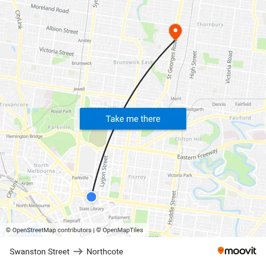 Swanston Street to Northcote map